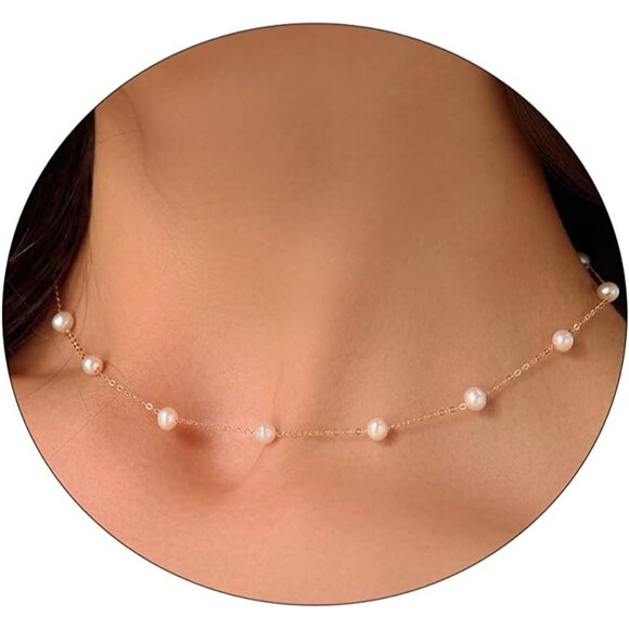Dainty Pearl Choker Necklace Gold Beaded Chain Elegant Jewelry for Women Wedding - Picture 1 of 7